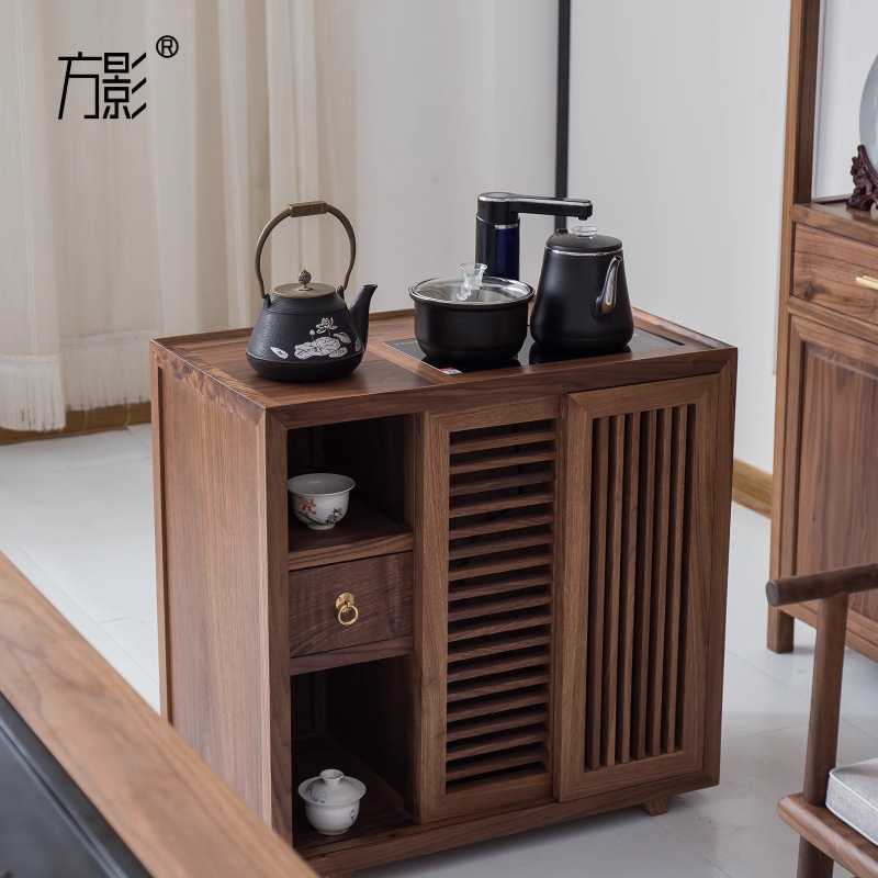 Новый китайский стиль, шкаф для чая из массива дерева, черный орех, угловой диван, современный простой мобильный зен-столик