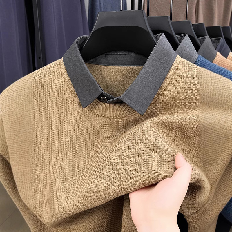 Winter fleece-lined Thickened Fake Two-piece Sweater Middle-aged Men's Fashion Shirt Collar Casual Base Knitted Warm Top