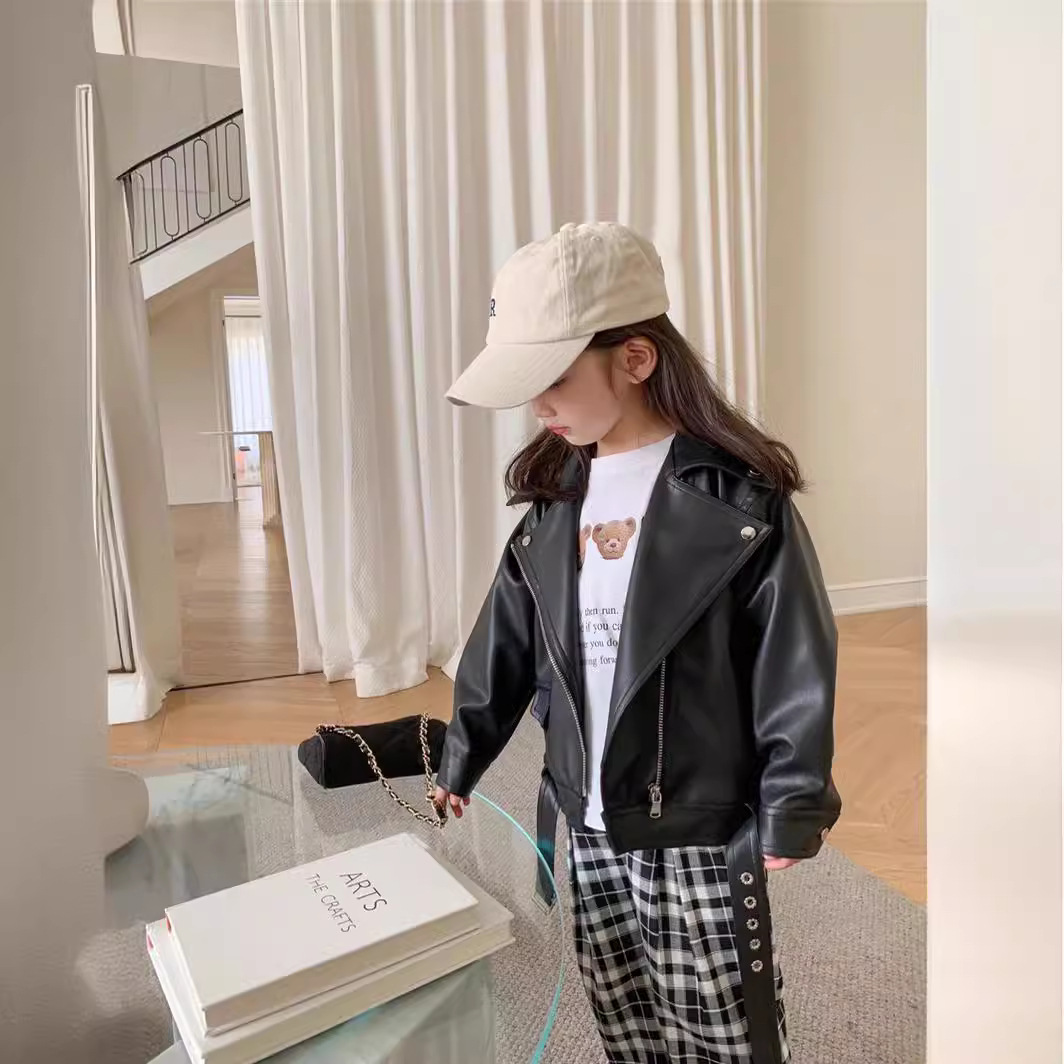 Very Fish Kidsren's Jacket 2025 Spring & Fall New Style Motorcycle Short Leather Jacket for Boys and Girls Fleece-Lined Rq315