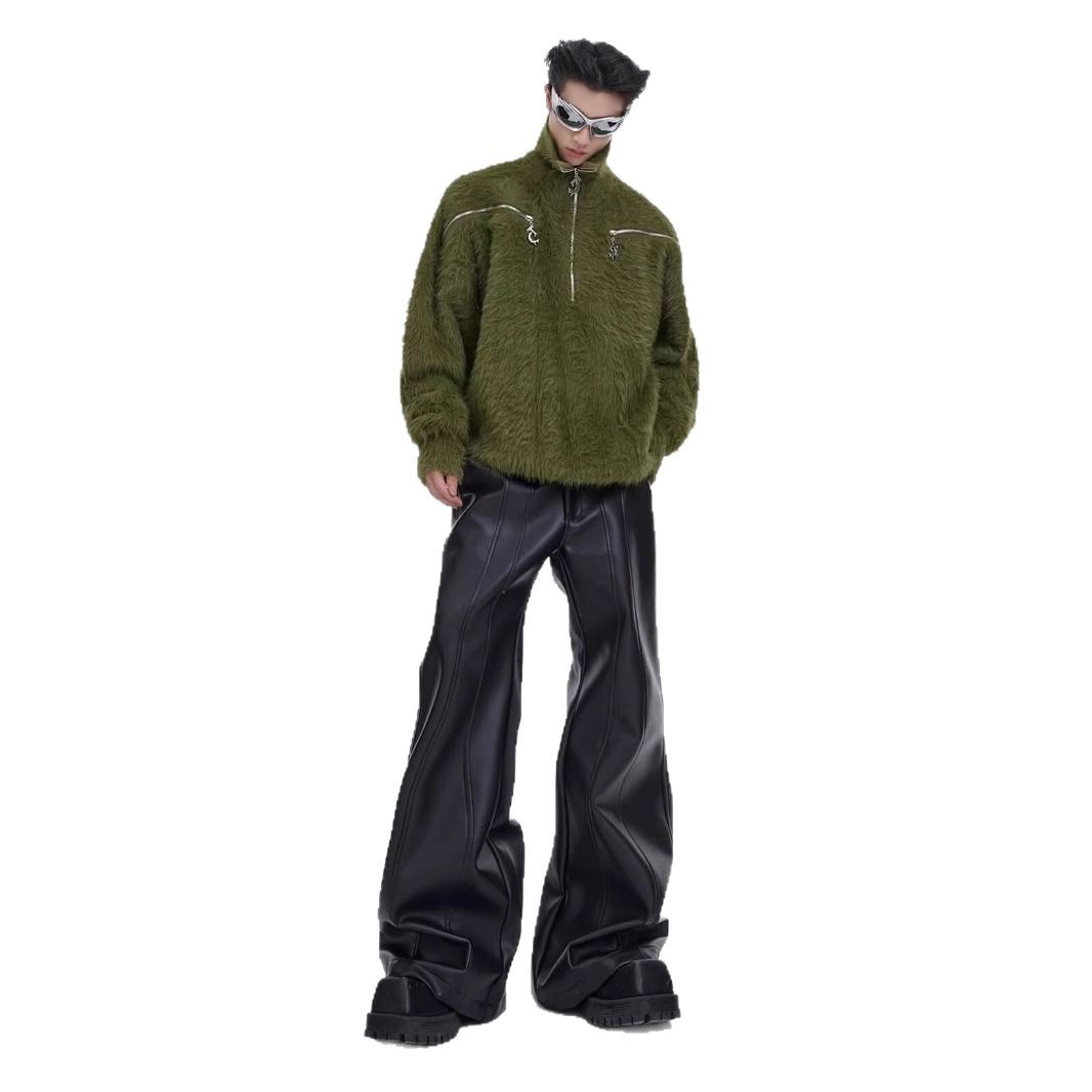 Men's and Women's Vintage Old Washed Split Design Niche Leather Pants Fashionable All-match Loose Straight Casual Trendy Pants