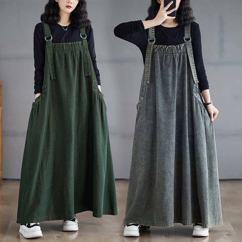 Spring Summer Autumn Winter Craft Denim Stir-fried Color Color Retro Loose Slimming Denim Strb Skirt Long Large Swing dress