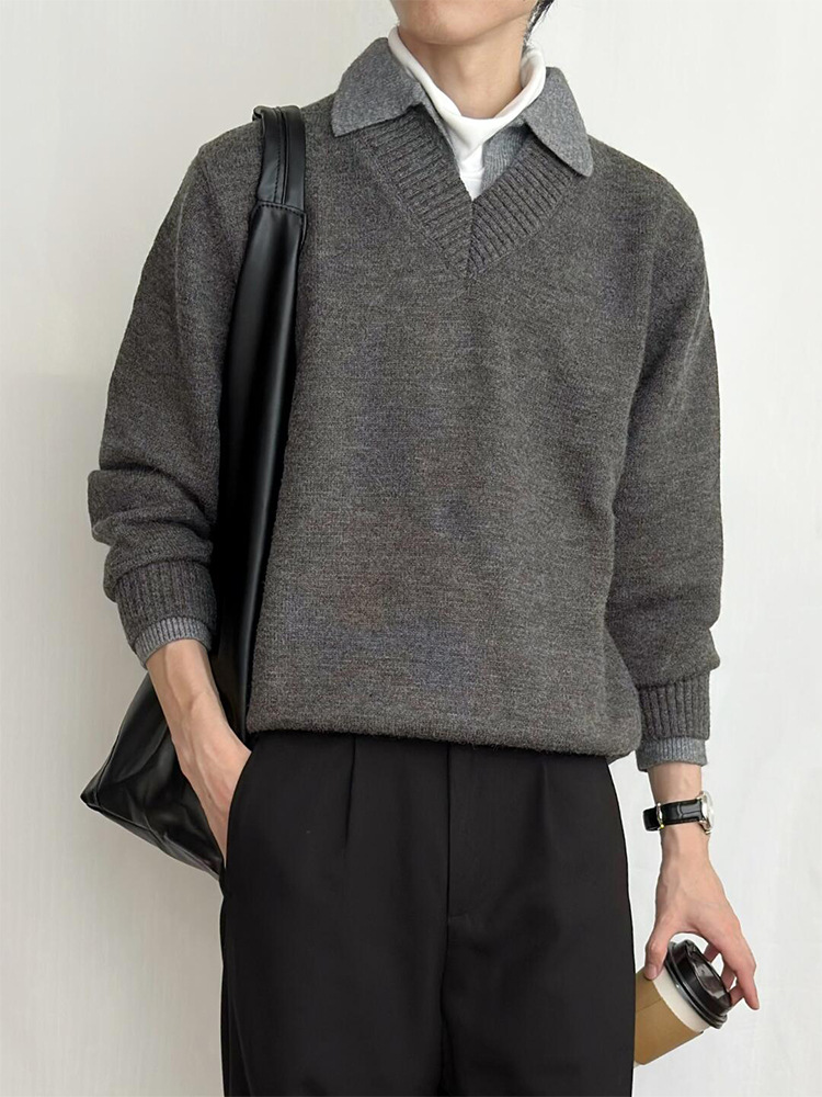 Поло-свитер с V-образным вырезом, фальшивый комплект, арктический велюр, осень-зима, мужская одежда, приятная к коже