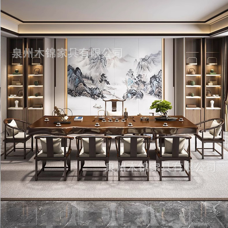 Large board solid wood tea table full set household new Chinese log 3 M whole board Tea Table Office negotiation tea table