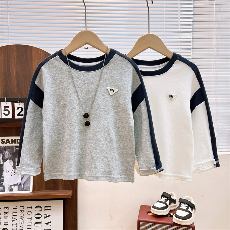Boys Base Shirt New Round Neck Loose T-shirt Cotton Stitching Long Sleeve Top Simple All-match Children's Sweater Fashion