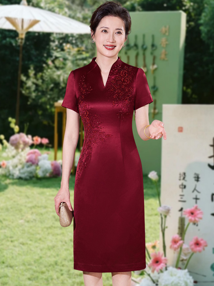 Mid-length Cheongsam Wedding Mother's Dress Summer Short-sleeved Acetate Satin Chinese Style Happy Mother-in-law Banquet Dress dress