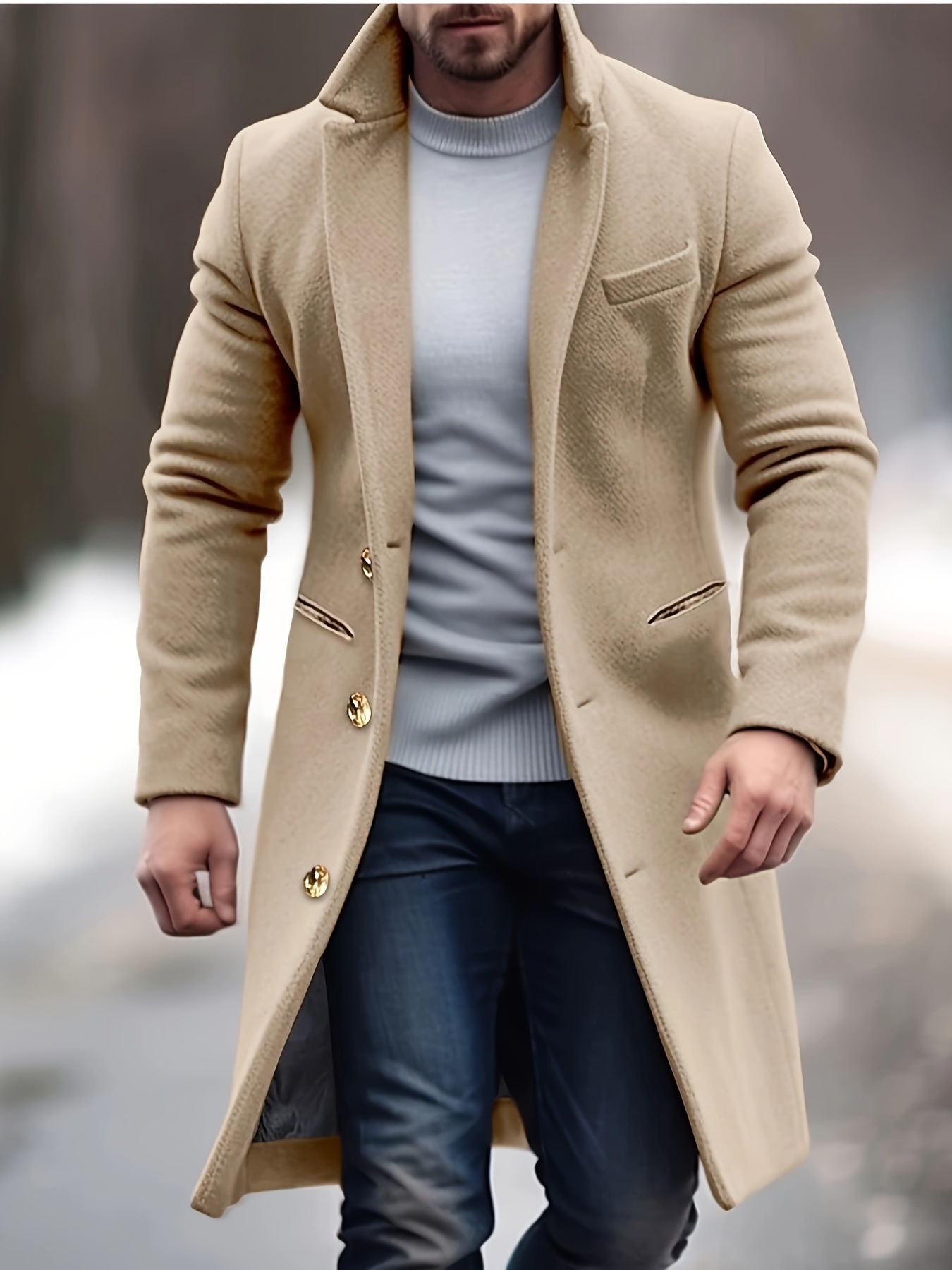 2024 European and American Cross-Border Men's Mid-Length Wool Coat, Slim Fit Suit Collar Trench Coat for Winter Commuting