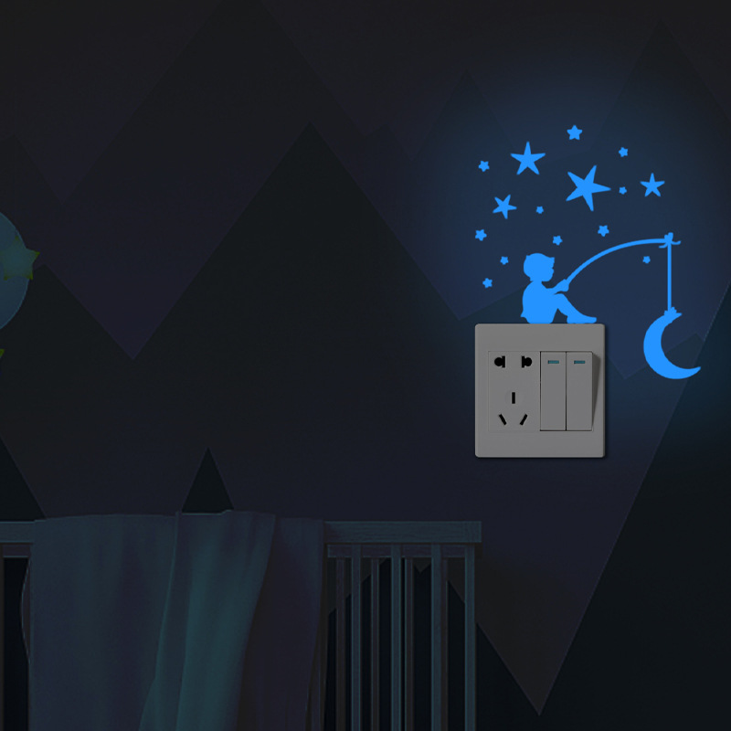 Cross-border explosions luminous fluorescent boy fishing Moon cartoon decoration switch self-adhesive stickers wholesale PVC removable