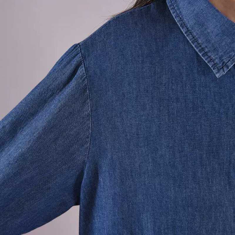 2024 Autumn New Long-sleeved Loose Shirt Collar Grinding White Stitching Pleated Large Dress Denim dress