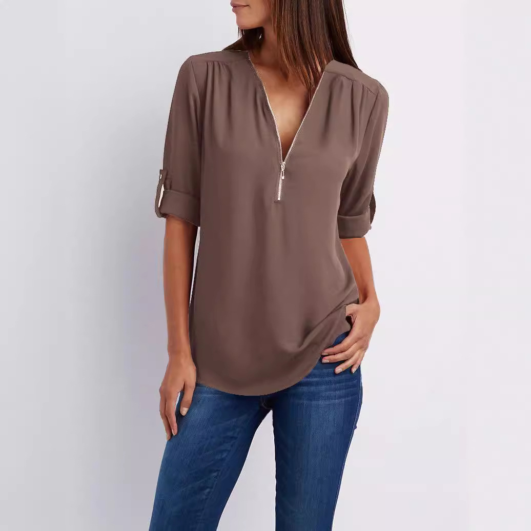2023ebay European and American shirt V-neck zipper plus size women's long sleeve sleeve sleeve loose chiffon shirt European and American