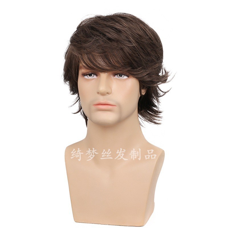 Wig Processing Export European and American Fashion Men's Short Hair, Brown Wig, Fluffy Partial Long Bangs Straight Hair