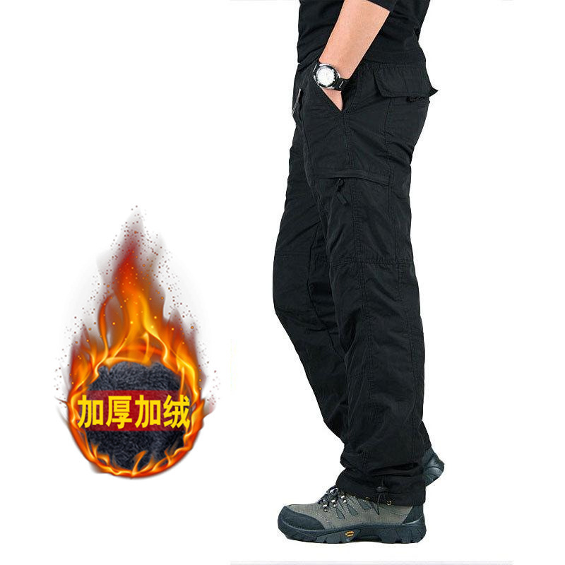Winter fleece-lined thickened overalls men's outdoor warm Men's cotton pants straight plus size multi-pocket casual pants men