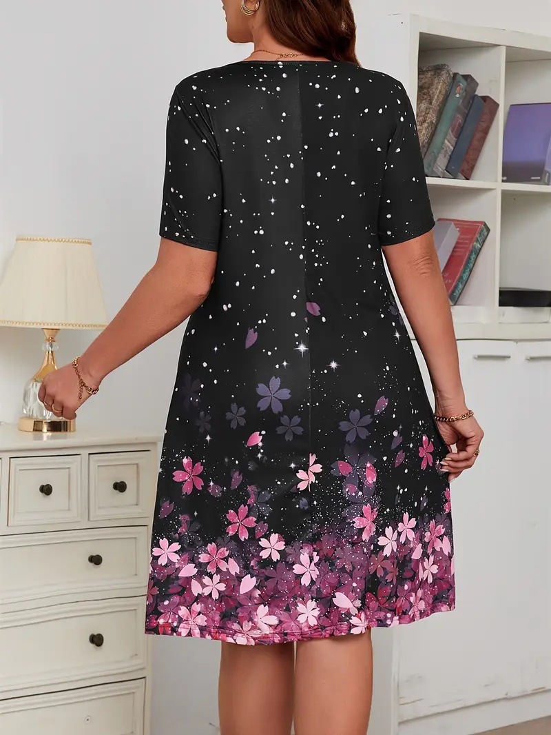 2025 Cross-border European and American plus size Summer Mid-long dress Snowflake Printing Purple Flower Printing Straight Tube dress
