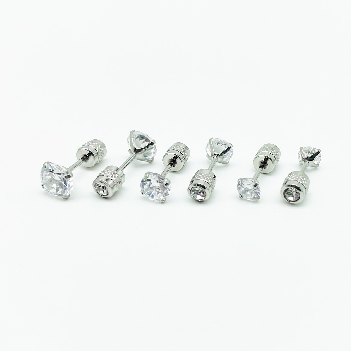 Cross-Border Direct Supply Stainless Steel Four-Prong Steel-Colored + Aaa Zircon with Patterned Column Integrated Stud Earrings Inlaid with Geometric Studs