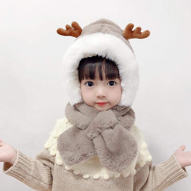 2023 Boys and Girls Thickened Warm New Winter Children's Hat and Scarf Integrated Stuffed Cute Antler Ear Protection Hat
