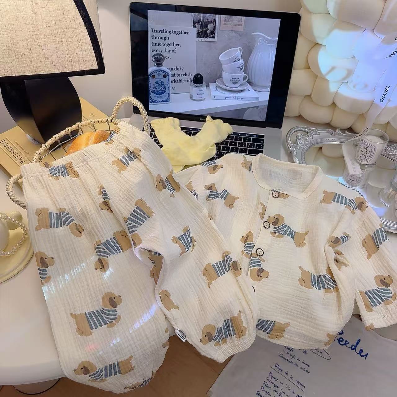 Children's Cotton Yarn Pajamas Boy's and Boy's Pure Cotton Home Clothes suit Cartoon Baby's Double-Layer Yarn Breathable Air-conditioning Clothes Fit