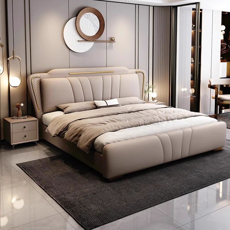 Linerbang Bedroom Set Modern Simple Master Bedroom Leather Queen Bed Double Bed New Storage Wedding Bed Nightstand