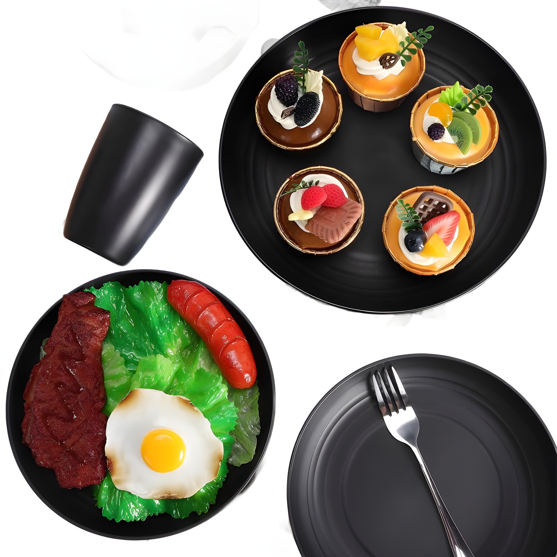 Cross-Border Wheat Straw Black Dinner Plate Soup Bowl Cup Knife Fork Spoon Tableware Set Household Tableware Set Simple and Fashionable