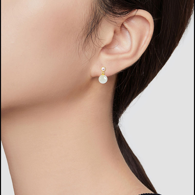 genuine goods Natural Old Material Hetian Jade Round Bead Earrings Pearl Women's Earrings S925 Silver Set Jade Stone Simple Earrings