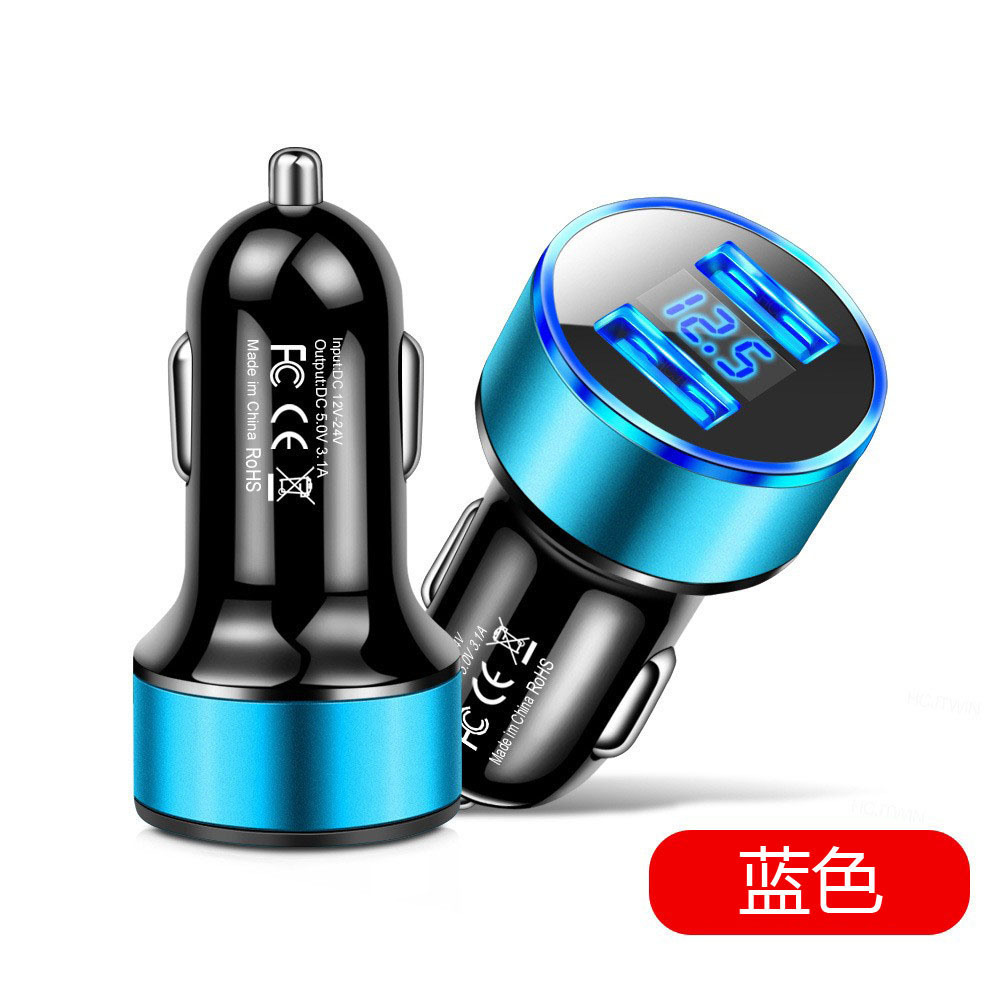 Vehicle-Mounted Universal Dual USB Digital Display 3.1A Car Charger One to Two Cigarette Lighter Plug Ambient Light Fast Charging