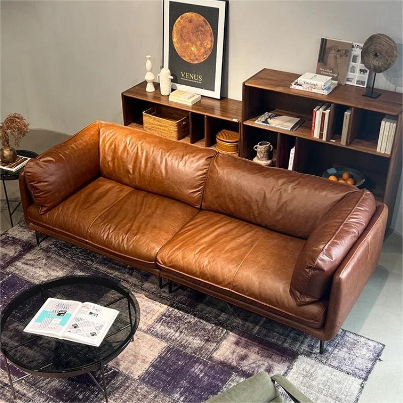 Vintage Oil Wax Leather Sofa, Italian Minimalist Style, Top-Grain Cowhide, Mid-Century Style Living Room Straight-Row Leather Art Armchair Sofa