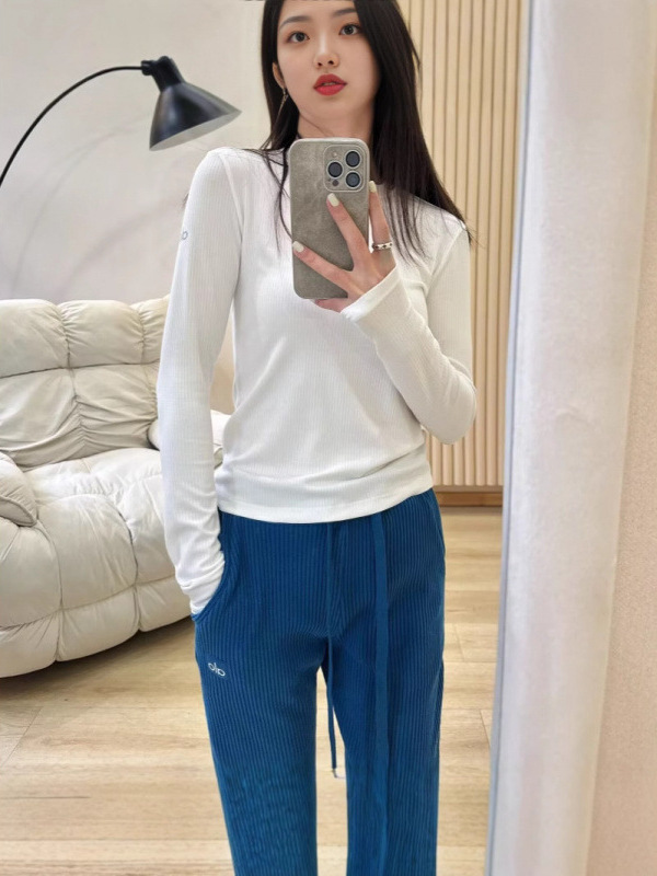 Alo Pilates Long-Sleeved Pure Cotton Bottoming Shirt T-Shirt Spring & Fall Women's Sports Quick-Drying Threaded Fitness Yoga Clothing Top