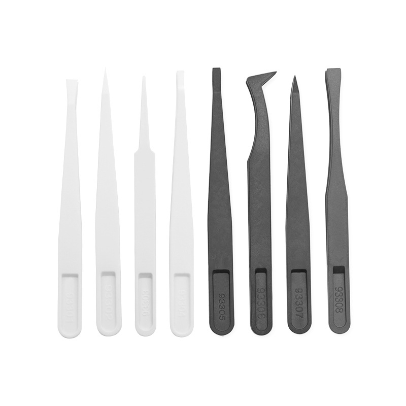 in stock wholesale pointed flat elbow camera round head flat head carbon fiber plastic black white tweezers