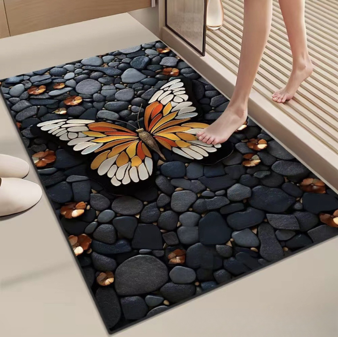 Creative Pebble Butterfly Diatom Mud Water-Absorbent Quick-Drying Foot Mat Bathroom Kitchen Stain-Resistant Non-Slip Bathroom Floor Mat