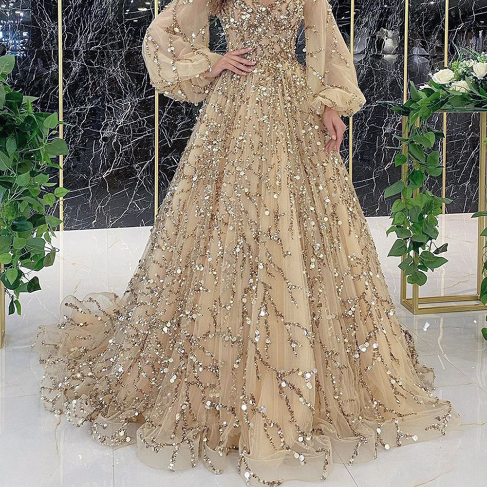 2025 Cross-Border New Golden Heavy Industry Beaded Luxury Evening Dress Sexy Socialite Aura Queen Long Dress Dq7109