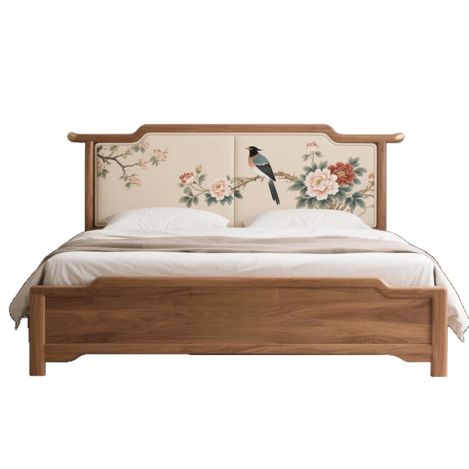 Song-Style Aesthetic Bedroom Double Bed with National Style Golden Pear Wood, Designer Master Bedroom Bed for Guesthouses and Hotels with National Style Design