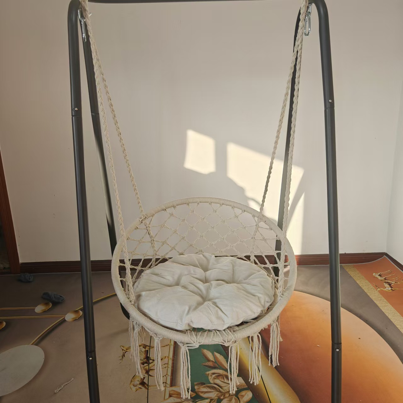 Hanging Basket Hanging Chair Indoor Single Person Household Balcony Swing Net Basket Cotton Rope Woven Rattan Chair Tassel Swing Lazy Chair