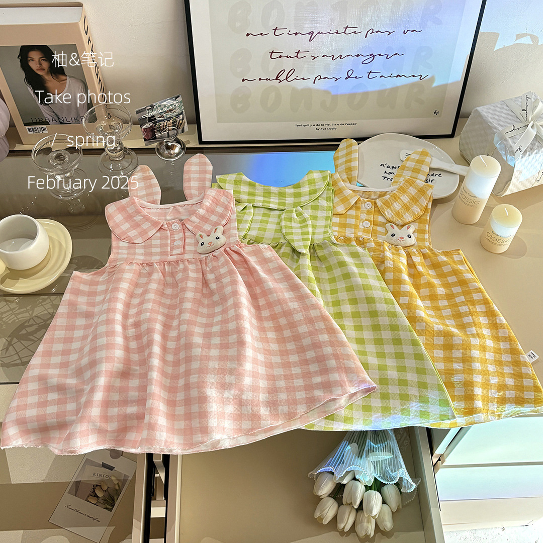 Foreign Trade Girls Doll Collar Bunny Ears Dress 2025 Summer Cute Plaid Vest Dress Bunny Princess Skirt