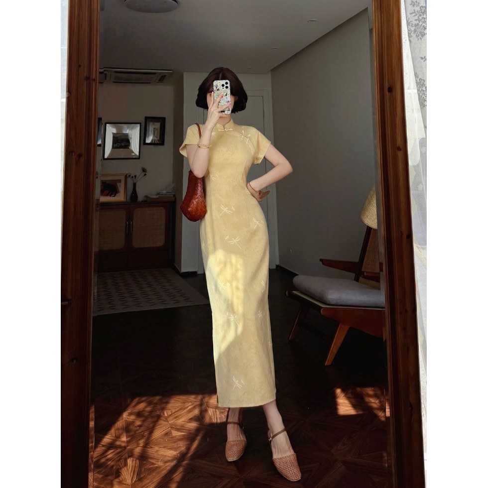 Jingshanying - Summer New Chinese Style Improved Little Dragonfly Print Unique Raglan Sleeve 2025 Summer New Women's Cheongsam