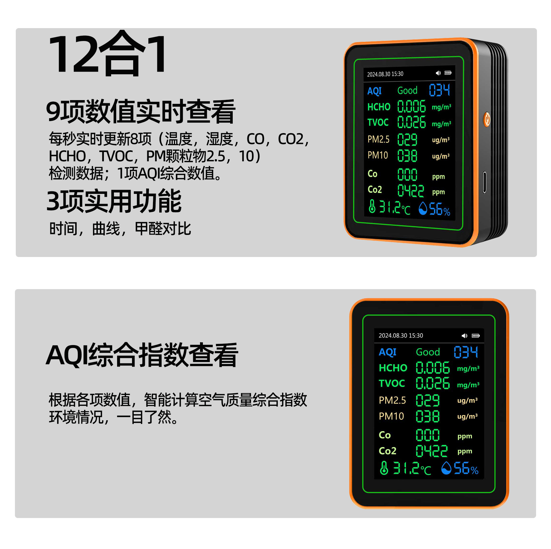 Spot Private Model Formaldehyde Detector 15-in-1 Carbon Dioxide Monitor Pm2.5 Co2 Air Quality Detection