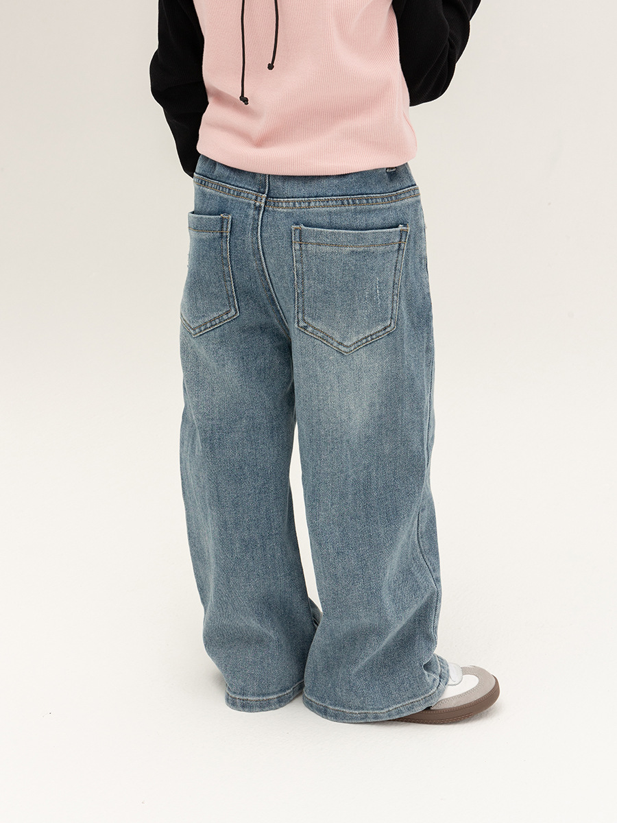2025 Spring New Children's Jeans Boys and Girls Korean Style Wide Leg Pants Easiest for Match Brushed Straight-Leg Pants Casual Dad Pants