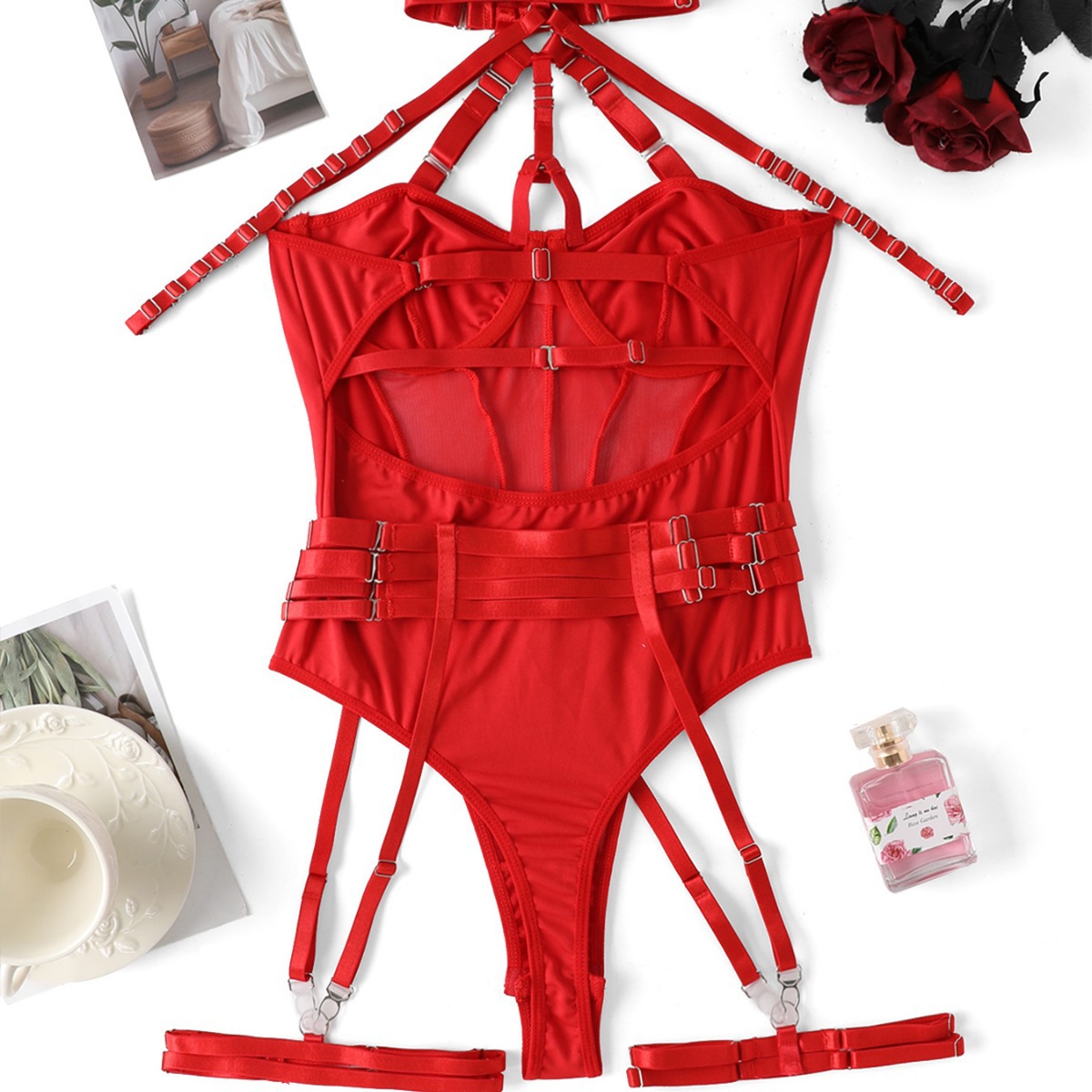 2025 European and American New Style Mesh Cross-Strap Patchwork Sexy One-Piece Fashion Flirtatious Lace Slimming
