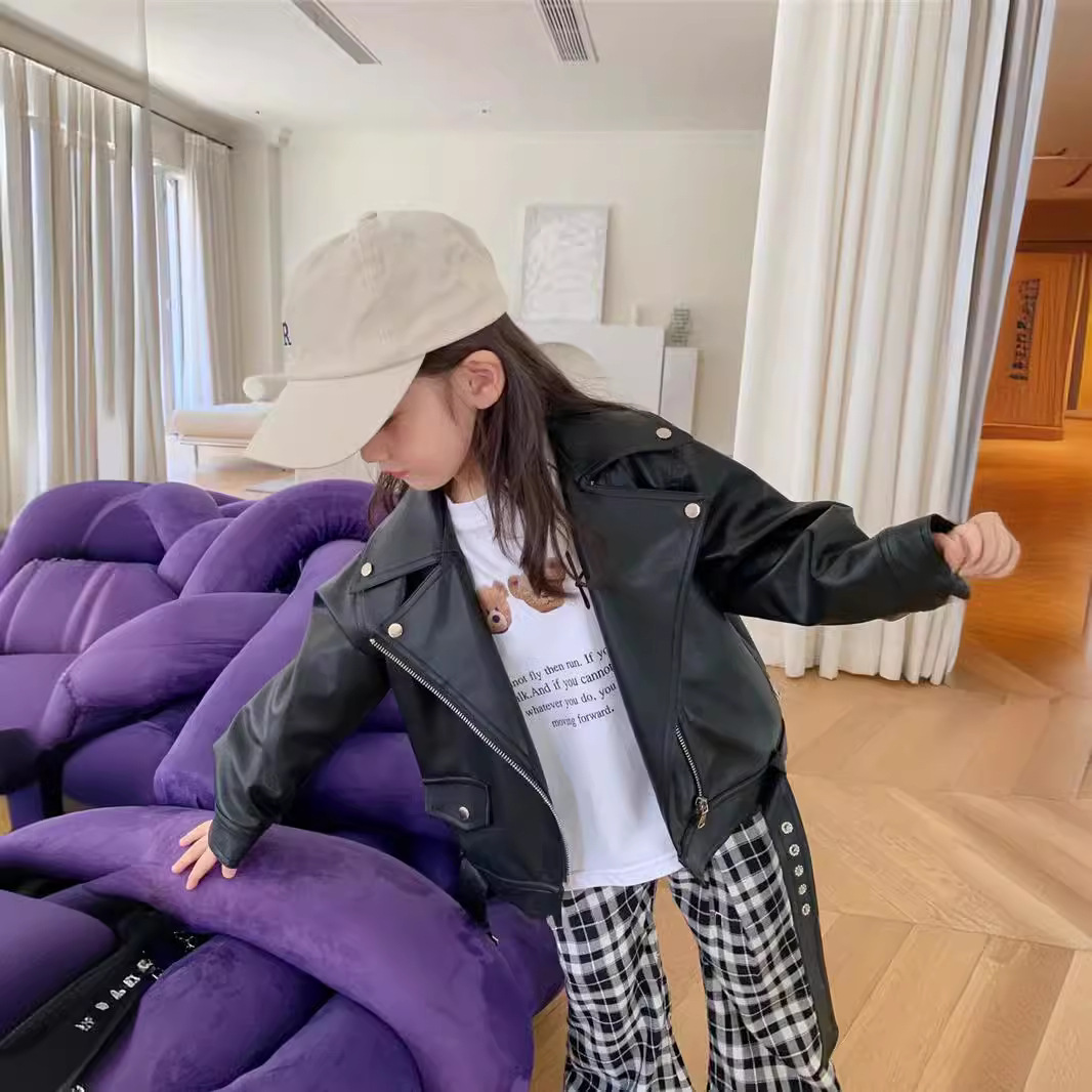 Кожаная куртка для девочек, новая осень 2024, корейский стиль, байкерская куртка для детей