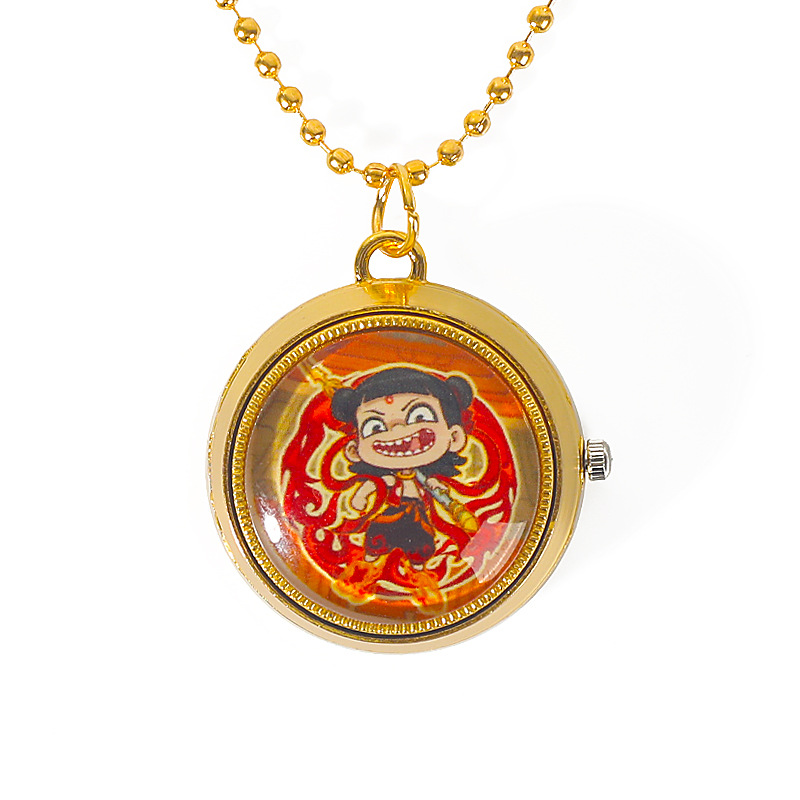 Cartoon Pocket Watch Mini Nezha Bing Anime Watch Necklace Hanging Watch Rotating Flip Watch Kindergarten Gift Children's Watch