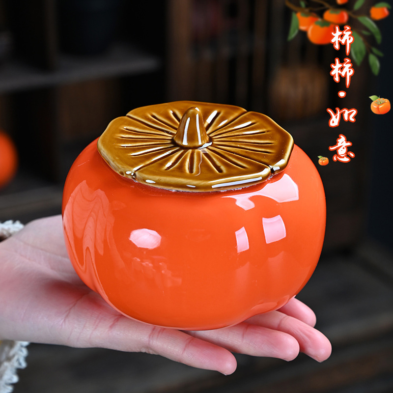 Large Persimmon Tea Cans Medium Size Good Things for Everything Ceramic Sealed Persimmon Candy Cans Wedding Candy Cans Candy Boxes