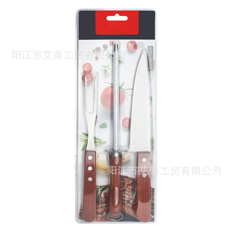 BBQ sharpener stick fork kitchen knife camping barbecue tools double-sided suction card 410 stainless steel solid wood handle baking tool 3-piece set