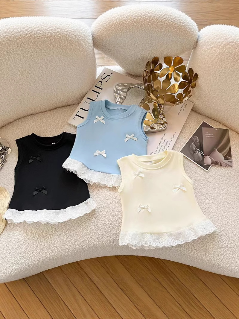 2025 Детская Одежда Девочек Летний Безрукавный Новый Стиль Модный Бант Топы Трендовые