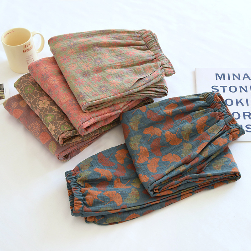 Vintage Yarn-dyed Jacquard Women's Pajama Pants Spring Summer Autumn Cotton Gauze Thin Household Pants Confining Loose Casual Trousers