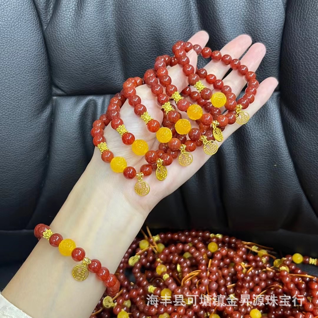 Natural Red Agate Bracelet South Red Bracelet with Beeswax Fortune Pendant Temple Live Welfare Wholesale