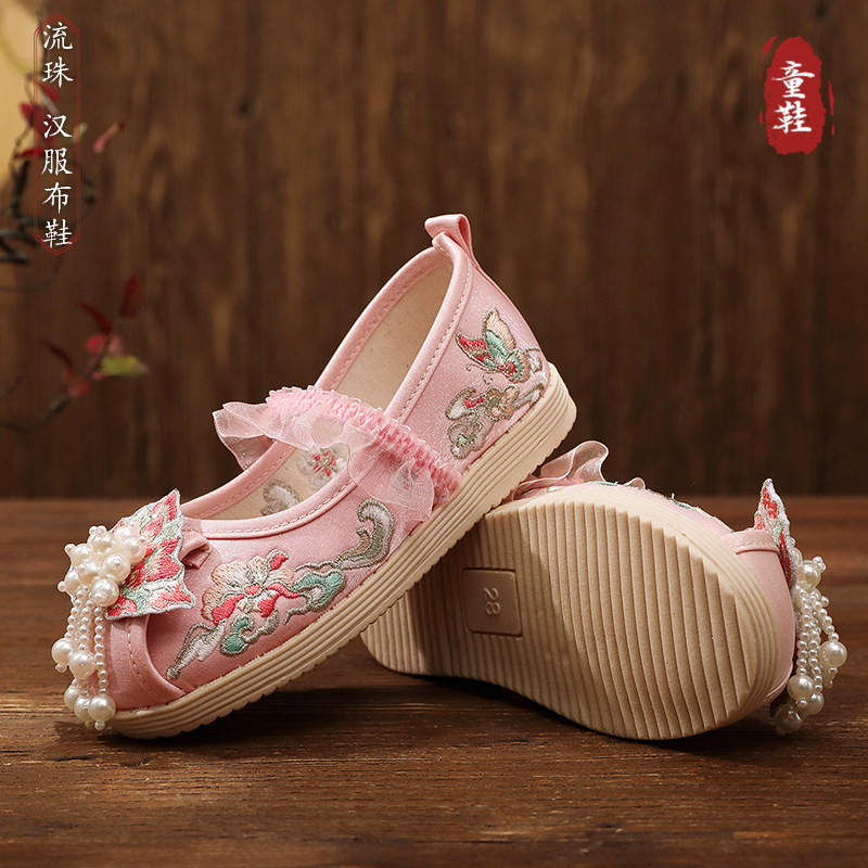 2025 Spring Children's Embroidered Shoes Chinese Style Han Dynasty Shoes Tang Suit Girls' Shoes Ancient Costume Pearl Decorated Cloth Shoes