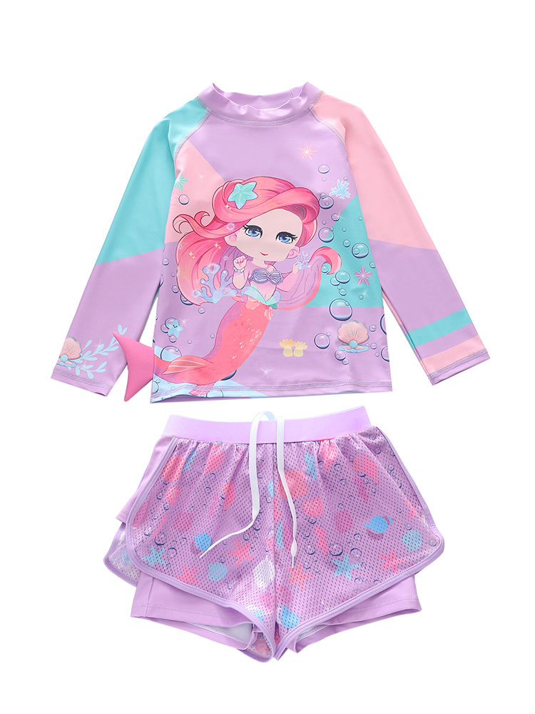New Children's Swimwear Girls' Split Long Sleeve Beach Sports Net Boxers Skirt Swimwear Small, Medium and Large Children's Swimwear