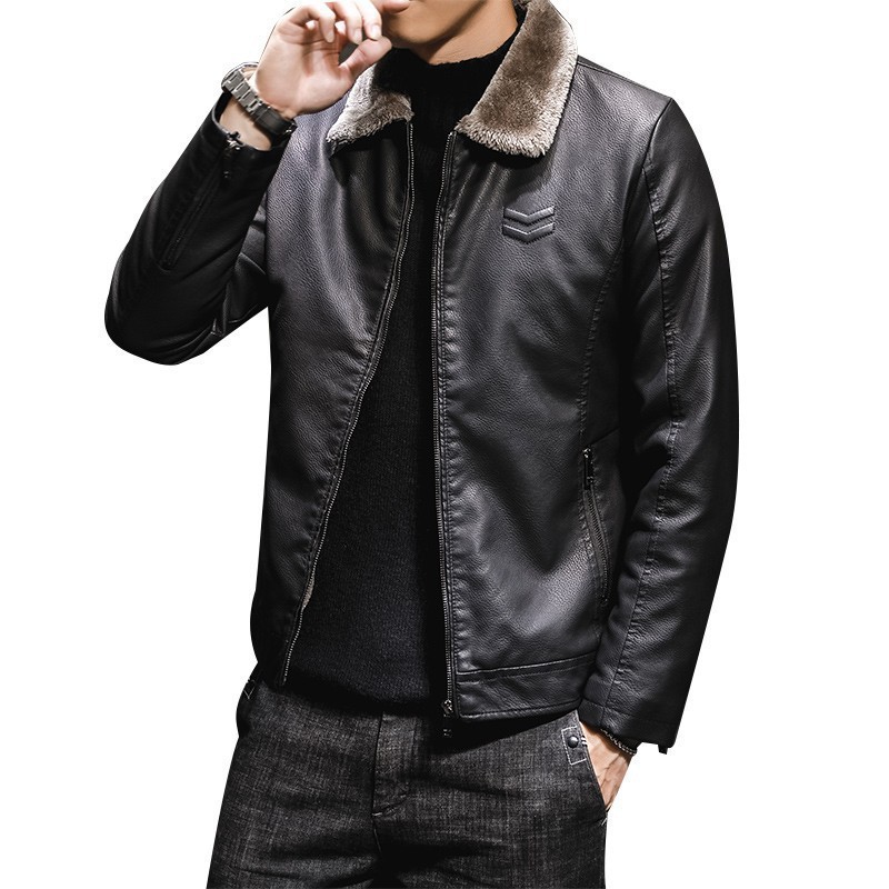 2019 New Men's Leather Jacket Men's Leather Jacket Lapel Middle-aged Men's fleece-lined Thickened Fashionable Fur