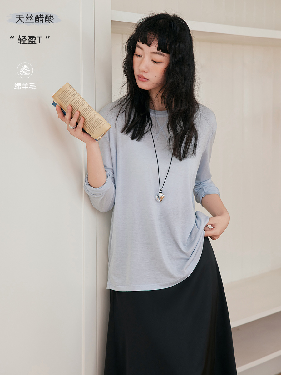 Рубашка из тенсела и ацетата для женщин, 2025 весна-лето, круглый вырез, свободный, длинный рукав