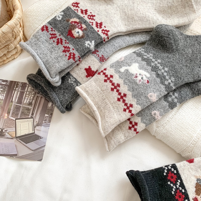 Fair Isle Cartoon Seamless Wool Socks for Women, Autumn and Winter Thickened Warm Flocked Japanese Retro Puppy Slouch Socks for Women