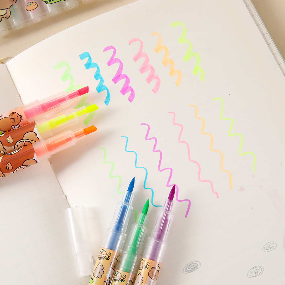 Kappi Bala Double Head Highlighter 6 Pack Student Stationery Stroke Key Sentence Marking Pen Color Oblique Head Marking Pen