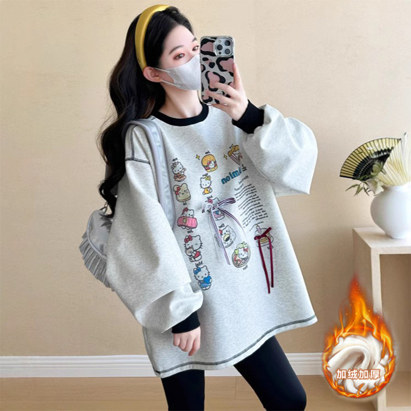 Толстовка для беременных, осень-зима 2024, корейский стиль, с принтом, свободная, плюсовый размер, средней длины