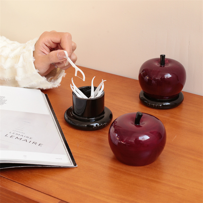 Red Apple Toothpick Jar 1 Piece High-Looking Home Peace and Joy Jewelry Dental Floss Storage Jar Decorative Ornaments